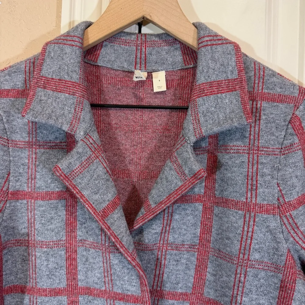 Anthropologie Moth Gray Red Plaid Collared Sweater Jacket - Picture 2 of 16